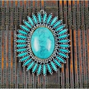 Vintage Silver Tone Faux Turquoise Starburst 2" Pendant Signed Celebrity